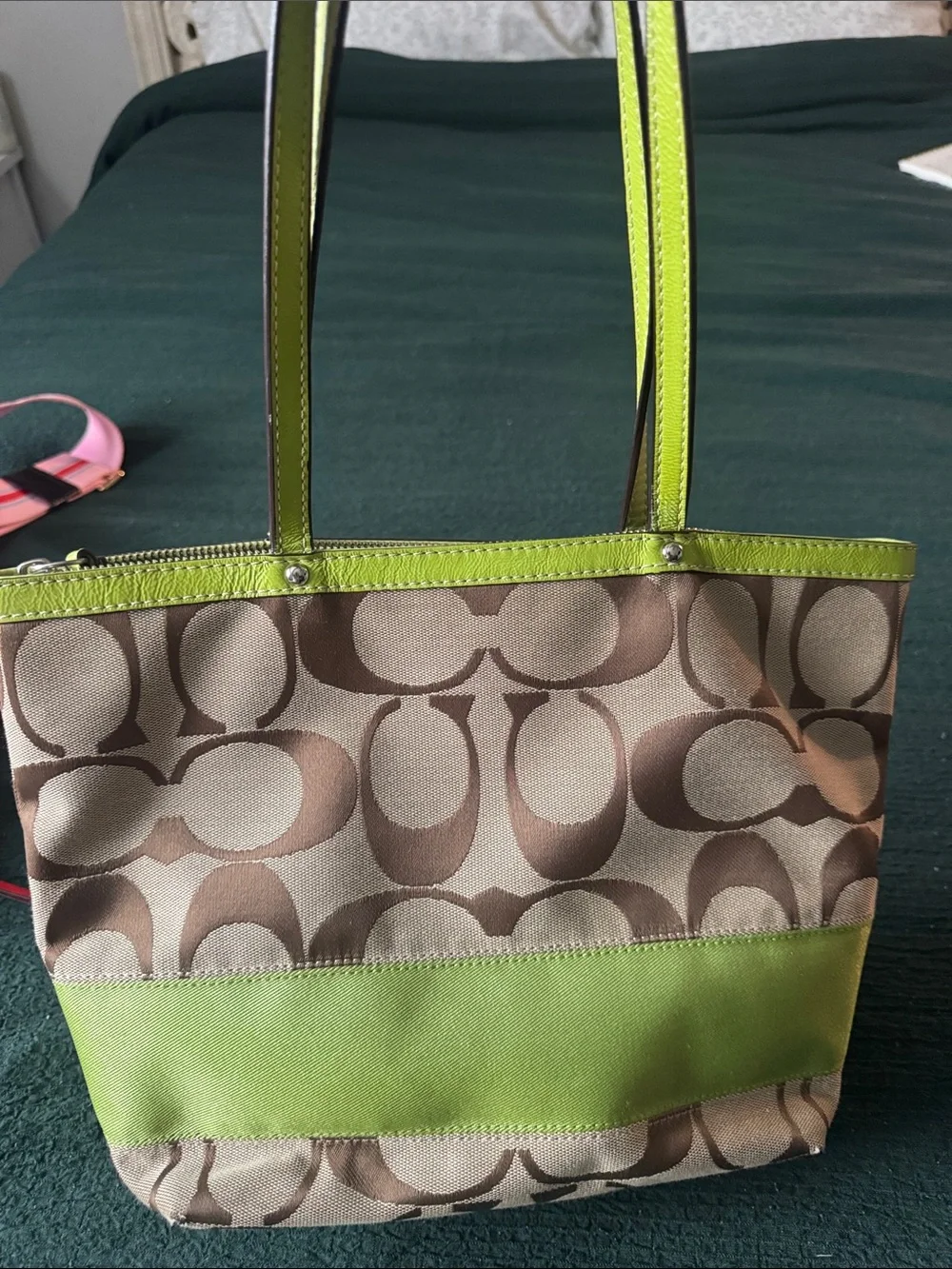 Coach Brown Signature Canvas Tote with Lime Trim